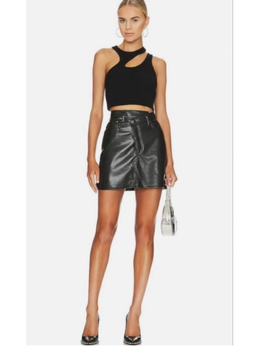 AGOLDE Criss Cross Detox Black Skirt Asymmetrical Mini Vegan Leather Sz 26
